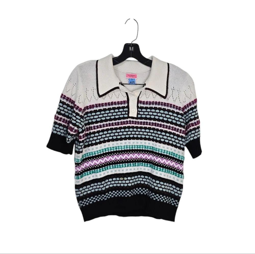 kate spade Multicolor Striped Knit Polo Sweater - White, Black, Pink, Teal, Navy